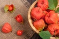Physalis in a wicker basket on the table Royalty Free Stock Photo