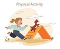 Physical Activity concept. Joyful child and dog engage in playful exercise