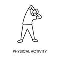 Physical activity, man doing exercise, vector line icon for medical documentation about diabetes