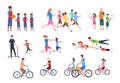 Physical activity. People flat fitness set with parents and children in sport activities. Isolated vector illustration Royalty Free Stock Photo