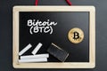 Physical Bitcoin gold coin on a blackboard with chalk Royalty Free Stock Photo