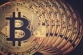 Physical bitcoins. Virtual crypto currency coin. Blockchain technology