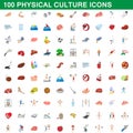 100 physical culture icons set, cartoon style