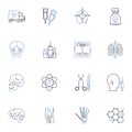 Physical diagnosis line icons collection. Auscultation, Palpation, Percussion, Inspection, Differential, Diagnosis