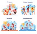 Physical education lesson school class concept set. Students doing