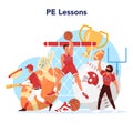 Physical education lesson school class concept. Students doing
