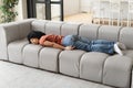 Physical Exhaustion. Tired African American Woman Sleeping On Couch At Home Royalty Free Stock Photo
