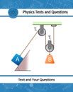 Physical experiment. Pulley system. Lifting a load. Thrust and linear momentum on inclined plane. Template for exam question Royalty Free Stock Photo