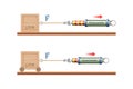 Physical experiment to study the strength friction physics and force movement. Box moving and dynamometer captures the value Royalty Free Stock Photo