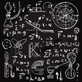 Physical formulas and phenomenons on chalkboard. Royalty Free Stock Photo