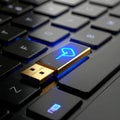 Golden YubiKey-Style Hardware Security Token with Blue LED Glow Royalty Free Stock Photo