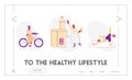 Physical Health Landing Page. Sportswomen Riding Bicycle, Use Juicer Machine for Cooking, Fitness Exercising in Gym