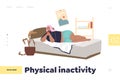 Physical inactivity concept of landing page with overweight girl lying in bed with smartphone