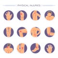 Physical injuries poster with body parts and wounds vector