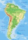 High detailed South America physical map with labeling.