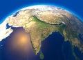 Physical map of the world, satellite view of India. Asia. Globe. Hemisphere. Reliefs and oceans