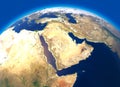 Physical map of the world, satellite view of the Middle East. Africa, Asia. Globe. Hemisphere. Reliefs and oceans. Royalty Free Stock Photo