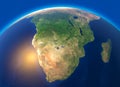 Physical map of the world, satellite view of South Africa. Globe. Hemisphere. Reliefs and oceans