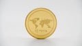 Physical metal golden Ripplecoin currency on white background. XRP coin