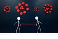 Physical social distancing during covid-19 pandemic crisis. Human stick figures with red distance marker sign in between. Royalty Free Stock Photo