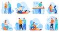 Physical therapy collection vector flat illustration. Set medical doctors working disabled patient