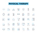 Physical therapy linear icons set. Rehabilitation, Exercises, Manual, Orthopedic, Strength, Flexibility, Mobility line