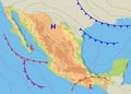 Physical and topography map of Mexico. Realistic weather map of the country showing isobars and weather fronts. Meteorological