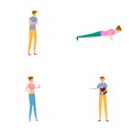 Physical training icons set cartoon vector. Personal fitness coach and athlete