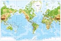 Physical World Map America Centered and Bathymetry