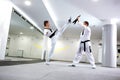 Physically challenged young woman in taekwondo practicing a high kick