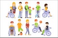 Physically Handicapped People Living Full Happy Life With Disability Set Of Illustrations Smiling Disabled Men And Women