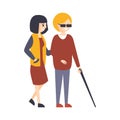 Physically Handicapped Person Living Full Happy Life With Disability Illustration With Smiling Blind Woman Walking With