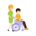 Physically Handicapped Person Living Full Happy Life With Disability Illustration With Smiling Girl Rolling A Guy In