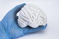 Physician keeps in hand, dressed in a blue latex glove, the human brain figure on white background close up. The idea for the visu