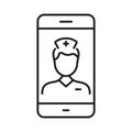 Physician Online Consultation. Remote Virtual Doctor Man Pictogram. Medicals Service in Smartphone Line Icon. Healthcare