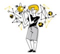 Physicist working on some theoretical physics or making an experiment vector outline illustration, or student studying physics in