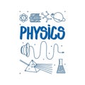 Physics doodle with light prism, sound waves and atom. Hand drawn science items isolated in white background. Card with