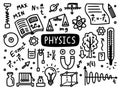 Physics doodle line set school university. Outline subject