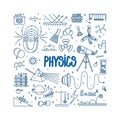 Physics doodle with magnet, prism, telescope and atom. Hand drawn science items. Physics theory elements and formula