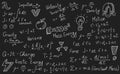 Physics formulas, science and education background. Chalkboard inscribed with scientific formulas and calculations in