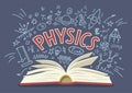 Physics. Open book with doodles with lettering. Royalty Free Stock Photo