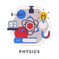 Physics School Subject Icon, Education and Science Discipline with Related Elements Flat Style Vector Illustration Royalty Free Stock Photo