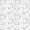 Physics sciences doodle seamless pattern with funny cat.