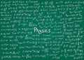 Physics white formulas drawn by hand on a green chalkboard for the background. Vector illustration. Royalty Free Stock Photo