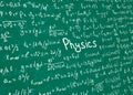 Physics white formulas drawn by hand on a green chalkboard in perspective for the background. Vector illustration. Royalty Free Stock Photo