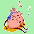 Physiological heart emoticon. A cute cardiological character sits on a rug and listens to music