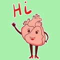 Physiological heart emoticon. Cute cardiology character waves hello.