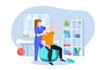 Physiotherapist doctor rehabilitates elderly patient. Vector illustration. Physiotherapy rehab, injury recovery concept Royalty Free Stock Photo