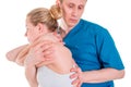 Physiotherapist doing healing treatment on mans back. Therapist wearing blue uniform. Osteopathy. Chiropractic adjustment Royalty Free Stock Photo