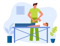 A physiotherapist doing a therapeutic massage to a patient lying on a table in a clinic. Flat design Illustration